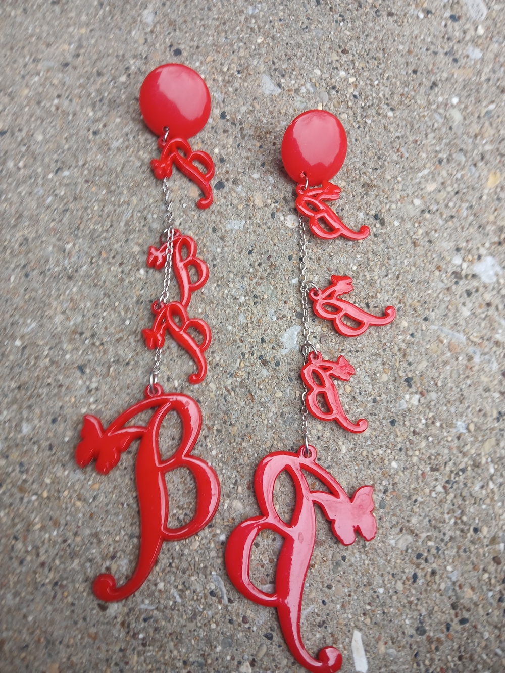 Long Red Dangle Initial Earrings with Butterfly Accents